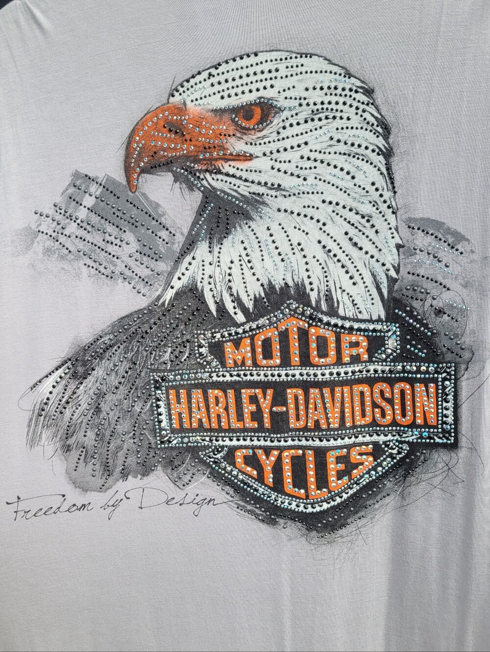 Harley-Davidson Gray Sleeveless Cardigan Long Vest with Rhinestone Eagle Graphic